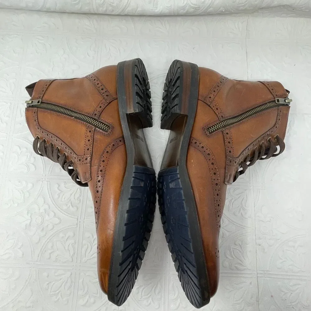 Steve Madden Brown Cognac Leather Lace Up Zip Wingtip Brogue Ankle Boots Size 11